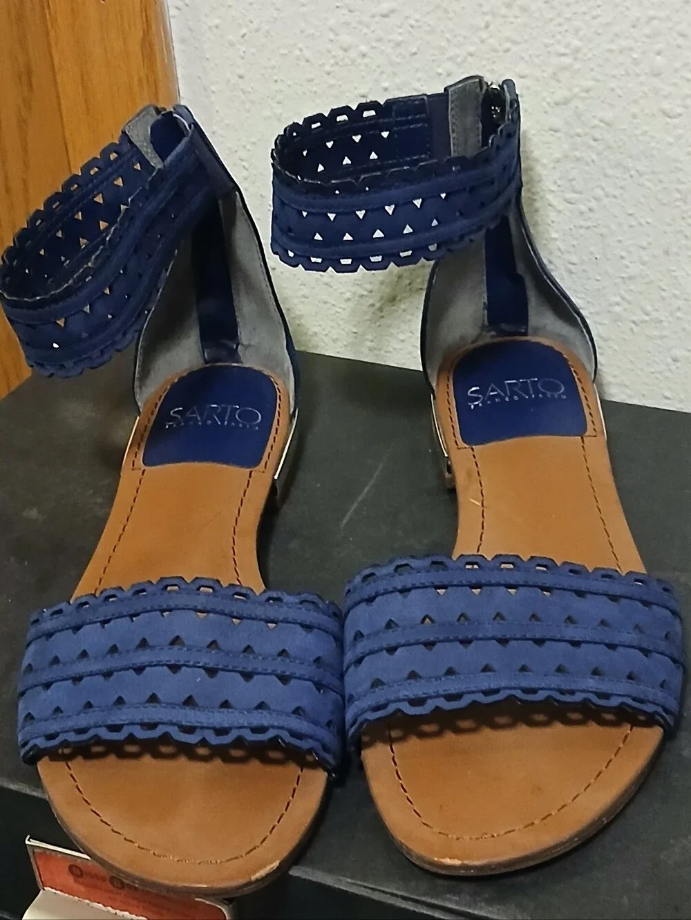 Franco Sarto Blue Suede Laser-Cut Ankle Zip Flat Sandals Size 8.5M